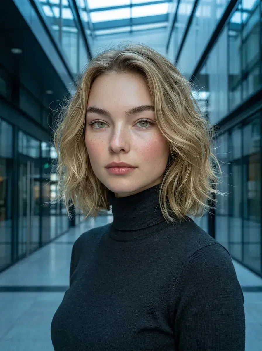 AI AI Startup Founder Portraits — Look Visionary — Dramatic AI startup founder portrait in glass-and-steel lobby