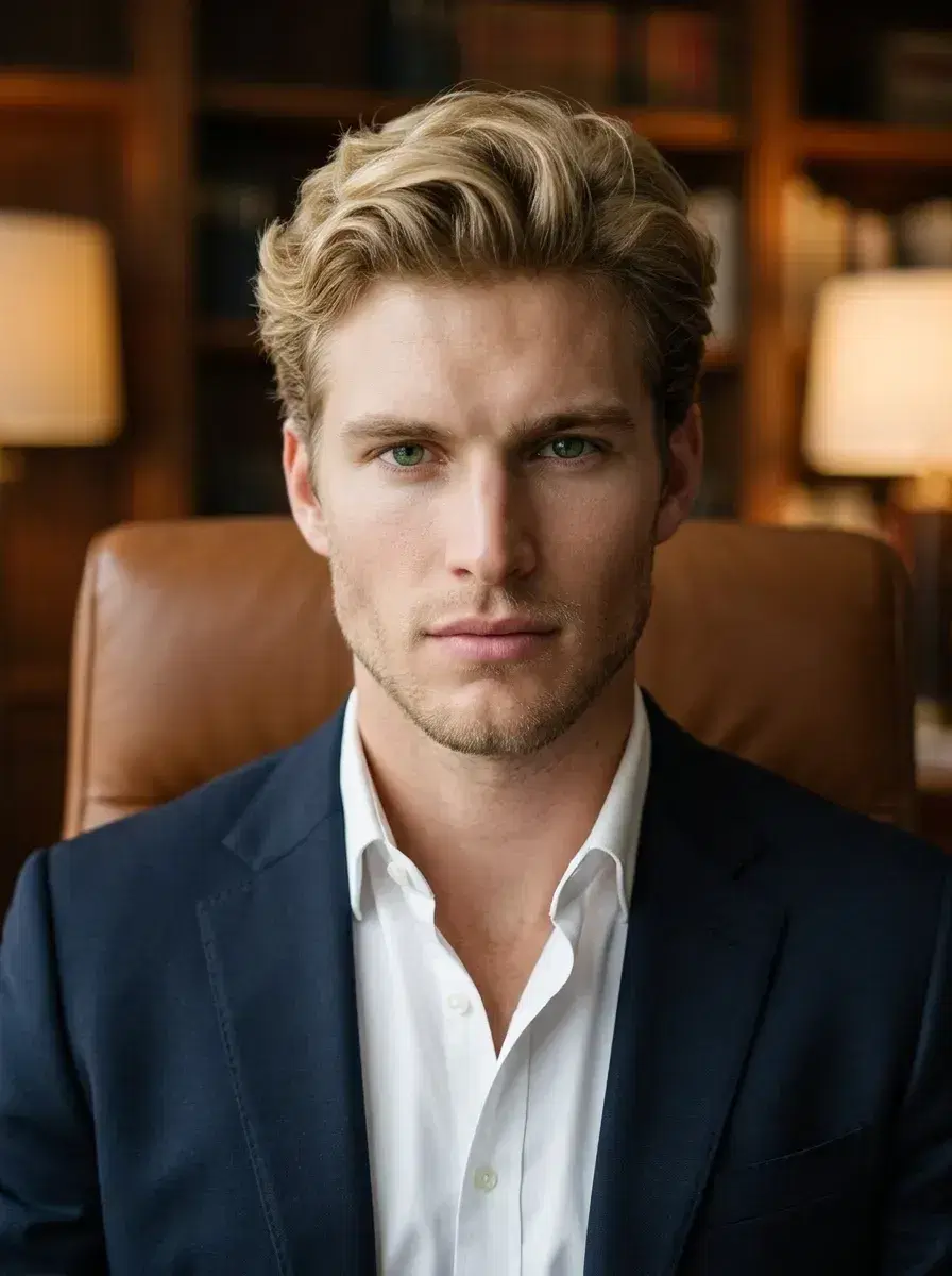 AI AI Startup Founder Portraits — Look Visionary — AI startup founder seated portrait in executive office setting