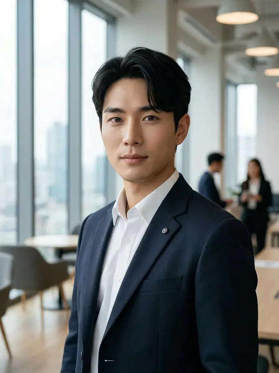 AI AI Startup Founder Portraits — Look Visionary — AI startup founder portrait in modern co-working space with city skyline