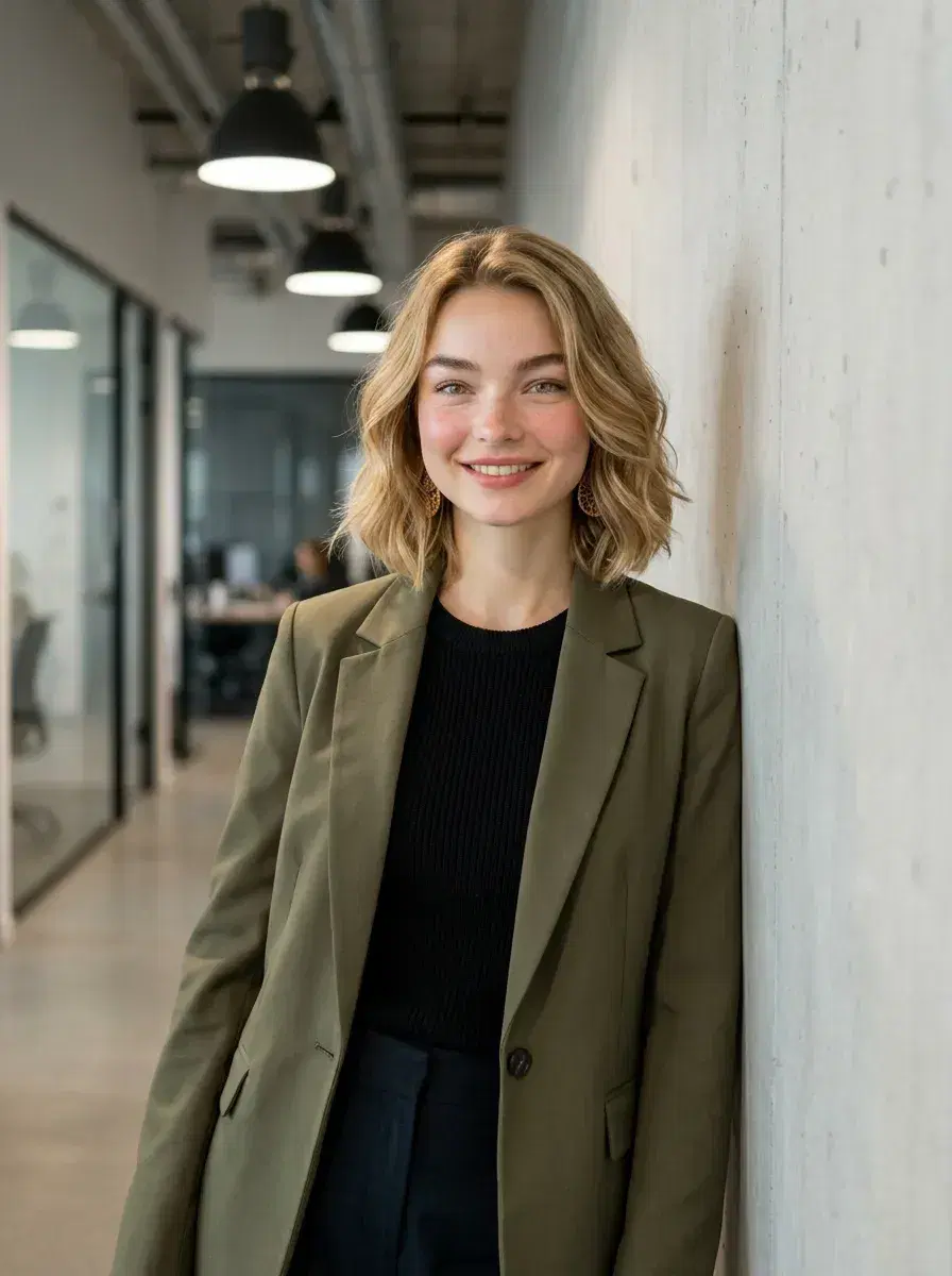 AI AI Startup Founder Portraits — Look Visionary — Three-quarter AI startup founder portrait in tech office setting