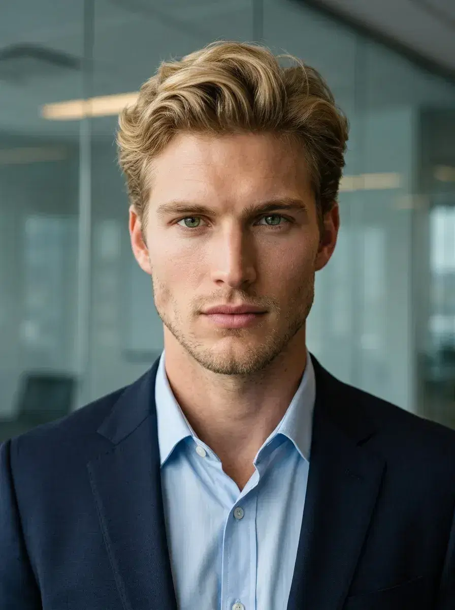 AI AI Startup Founder Portraits — Look Visionary — Chest-up AI founder portrait in front of glass boardroom wall