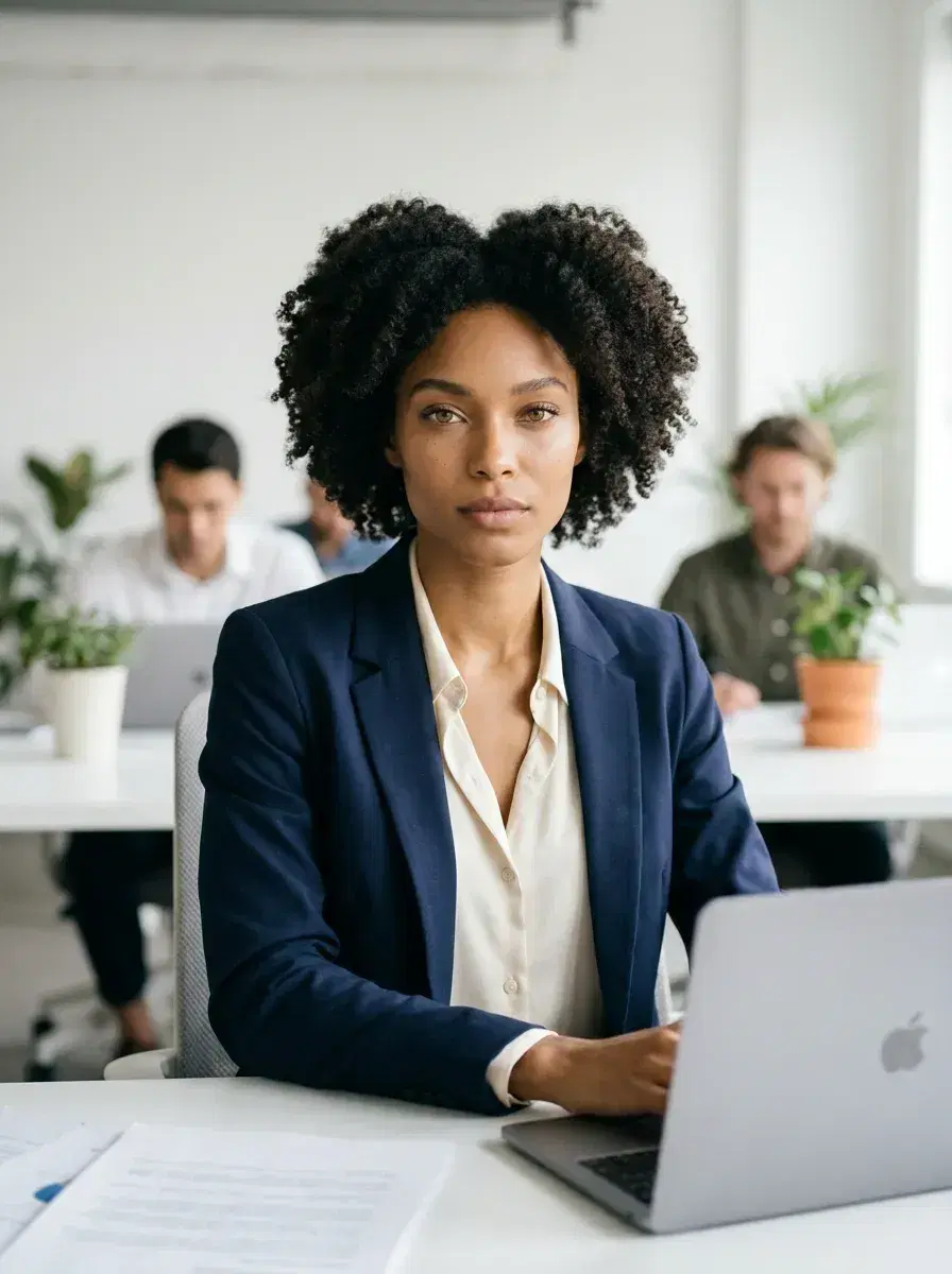 AI AI Startup Founder Portraits — Look Visionary — AI founder portrait seated at startup office desk