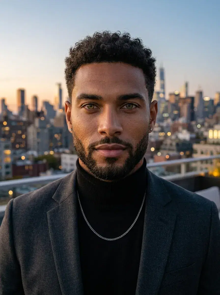 AI AI Startup Founder Portraits — Look Visionary — AI startup founder rooftop portrait at golden hour with city skyline