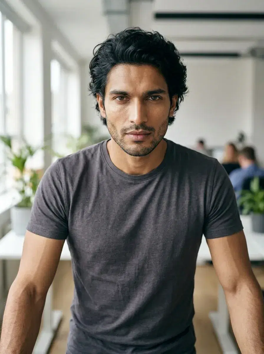 AI AI Startup Headshots — Look Founder-Ready — AI startup headshot at standing desk in minimalist white office