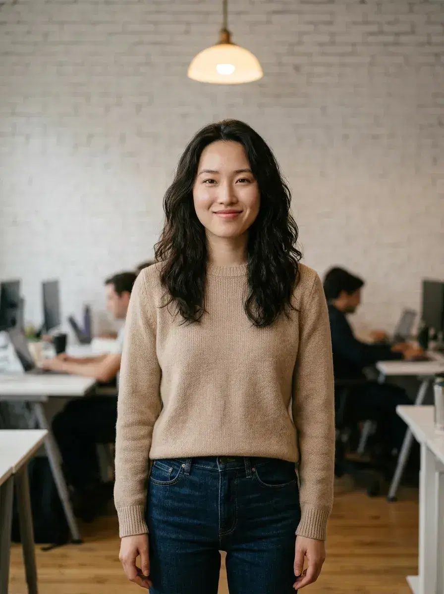 AI AI Startup Headshots — Look Founder-Ready — AI startup headshot against white brick wall in trendy office