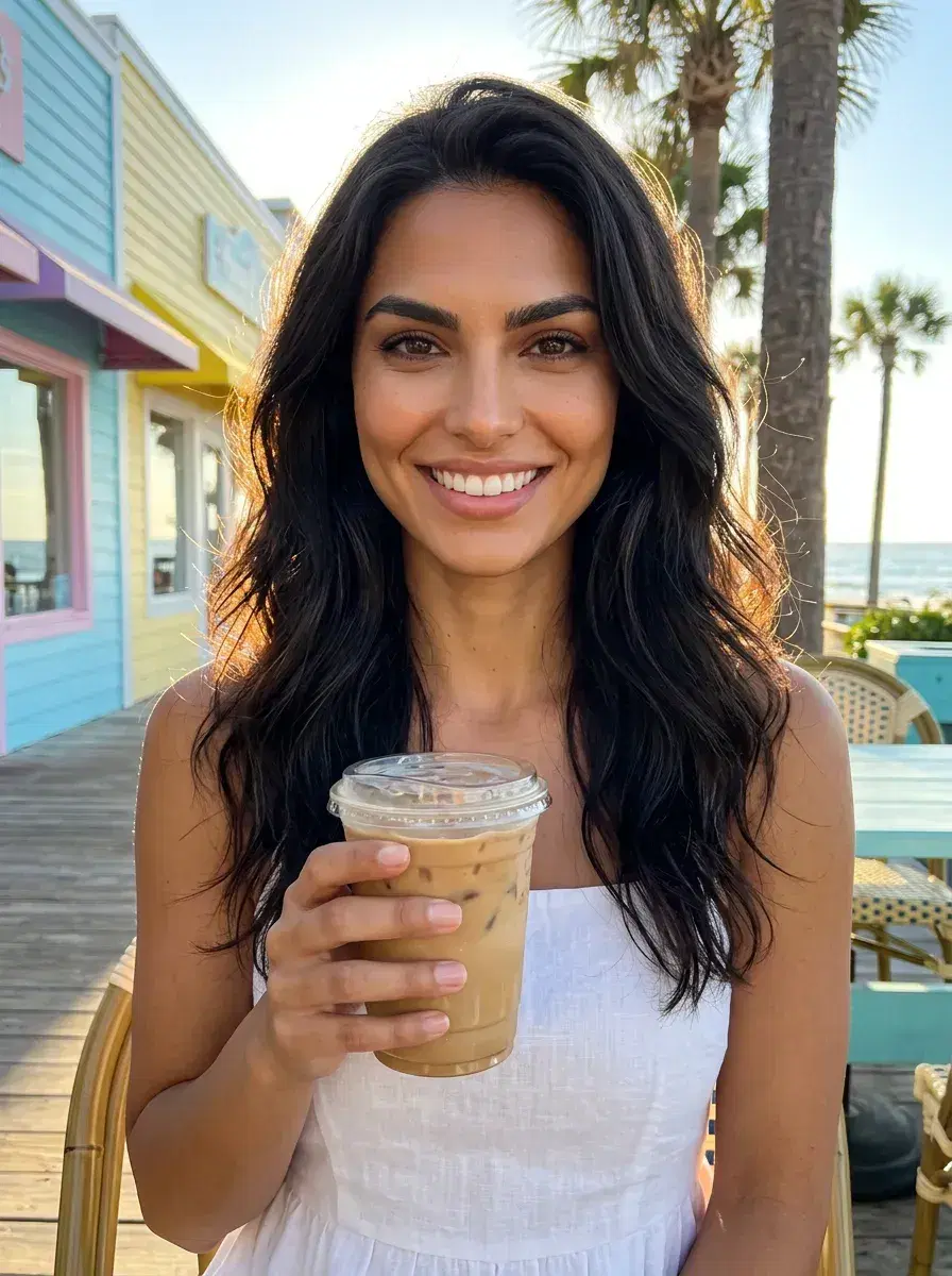 AI AI Summer Photo Dump — Instant Wanderlust — Person at a colourful beachfront café with iced drink in an AI summer photo dump