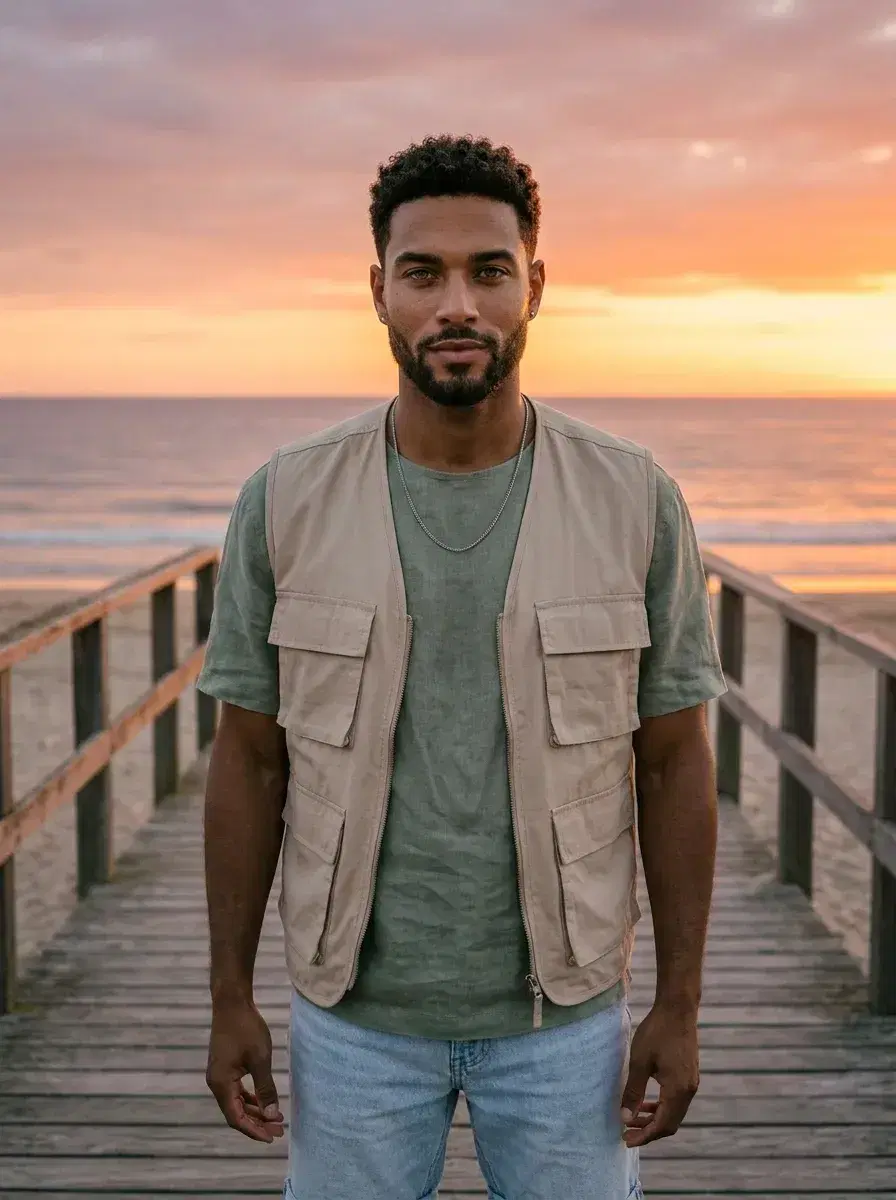 AI AI Summer Photo Dump — Instant Wanderlust — Person on a beach boardwalk at sunset for an AI summer photo dump