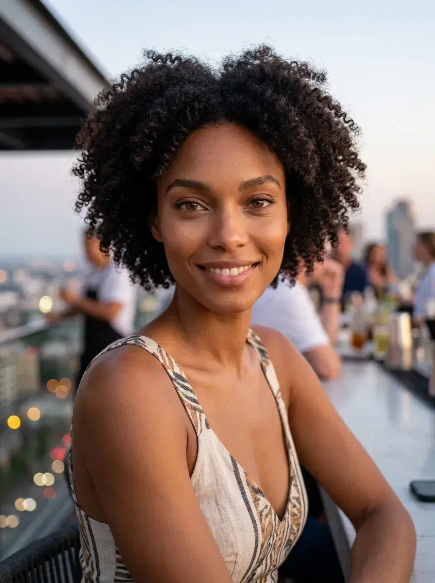 AI AI Summer Photo Dump — Instant Wanderlust — Person at a rooftop bar at dusk with city lights below in an AI summer photo dump