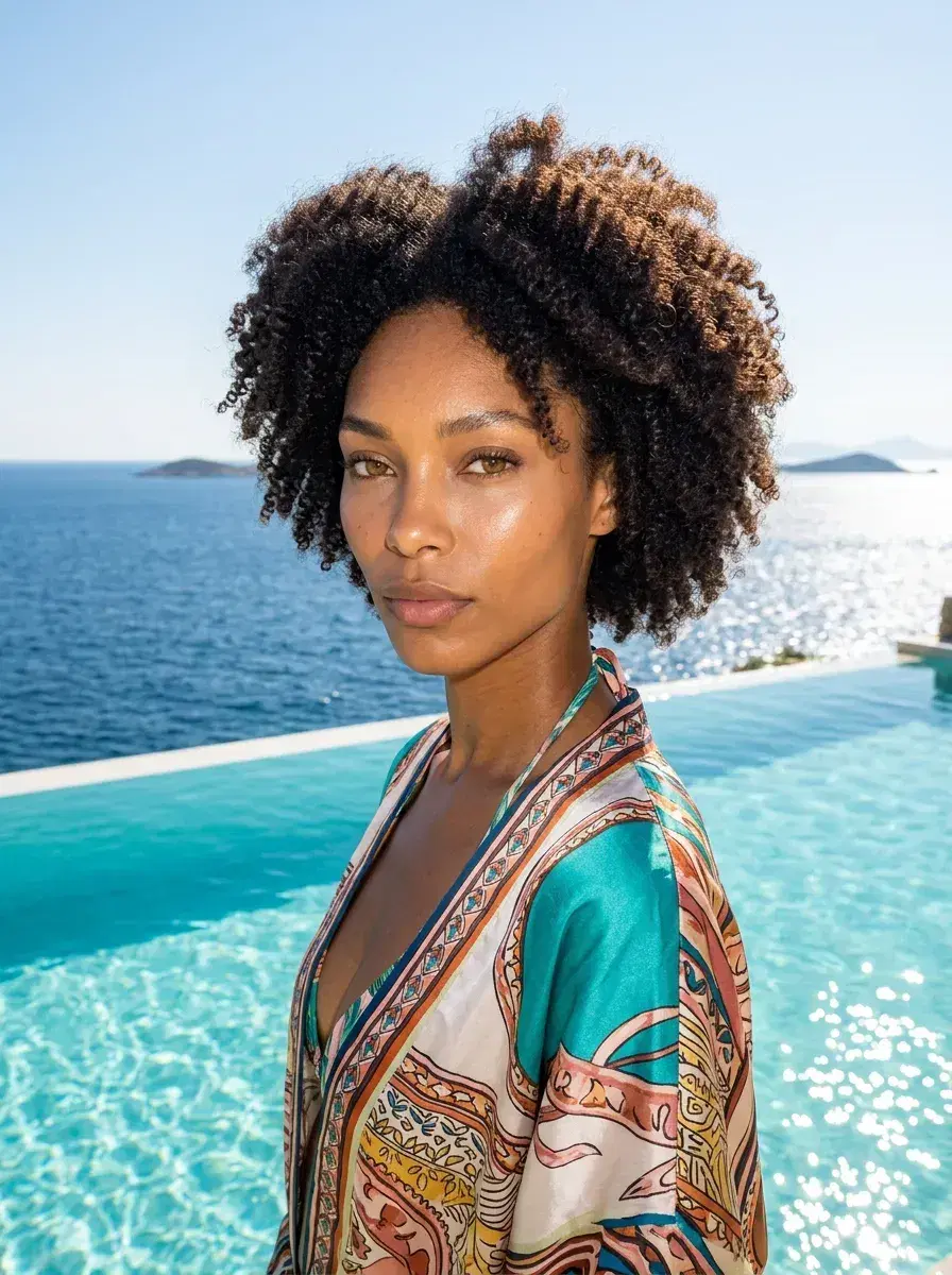 AI AI Summer Photo Dump — Instant Wanderlust — Person at an infinity pool overlooking the ocean in an AI summer photo dump shot