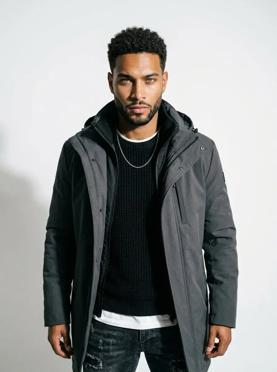 AI AI Supermodel Headshots — Editorial Glamour — AI supermodel three-quarter shot in minimalist white studio with dramatic side lighting