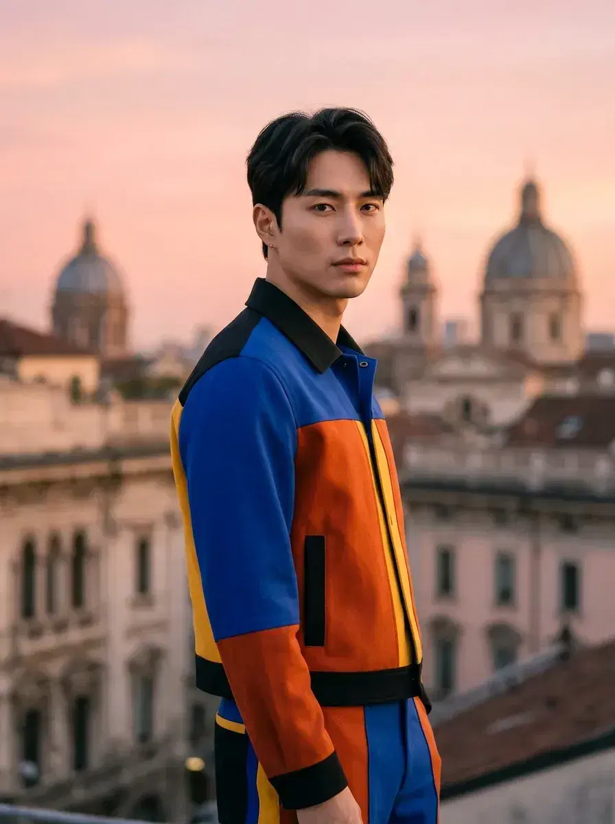 AI AI Supermodel Headshots — Editorial Glamour — AI supermodel headshot on Milan rooftop at magic hour