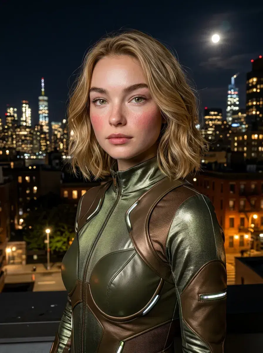 AI AI Supermodel Headshots — Editorial Glamour — AI supermodel headshot on New York rooftop at night with city skyline