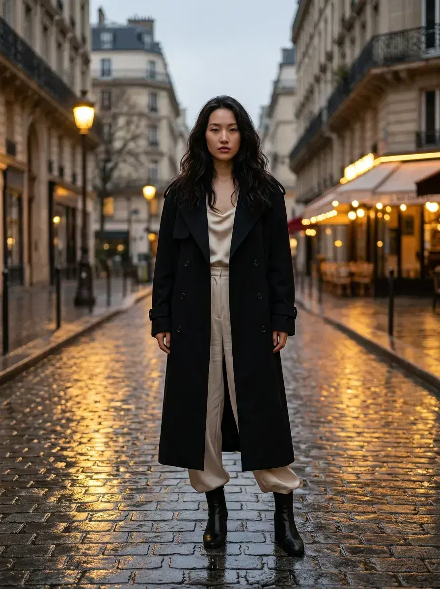 AI AI Supermodel Headshots — Editorial Glamour — AI supermodel headshot on a rain-slicked Paris street at dusk