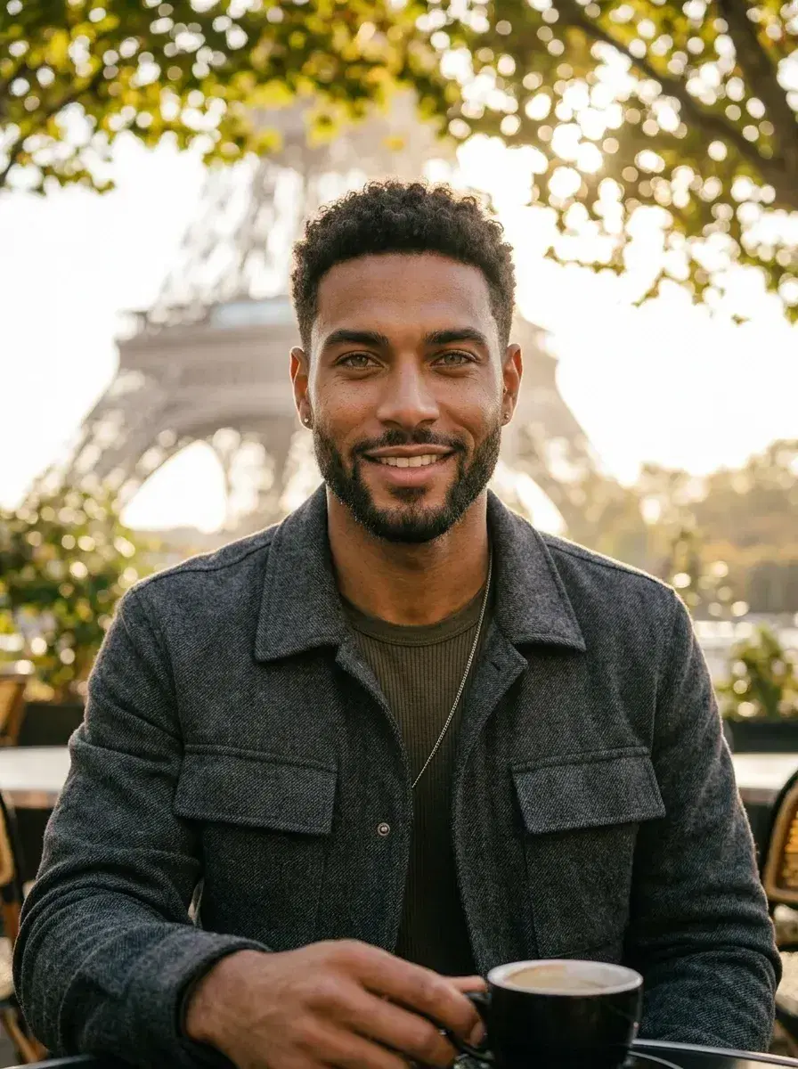 AI AI Tinder Profile Photos — More Matches — Person at outdoor café in weekend outfit for AI Tinder photo