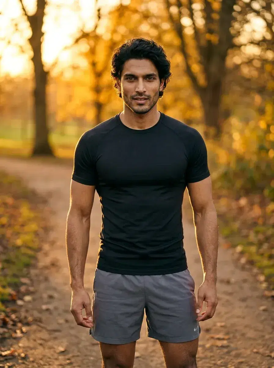 AI AI Tinder Profile Photos — More Matches — Person on park trail at golden hour for AI Tinder profile photo