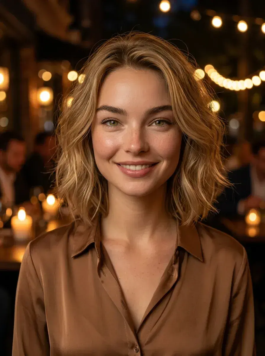 AI AI Tinder Profile Photos — More Matches — Person in evening attire at warm restaurant for AI dating profile photo