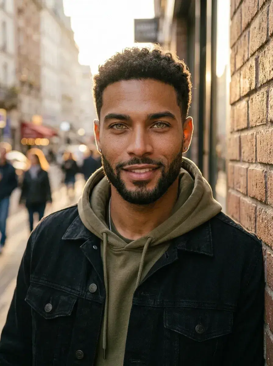 AI AI Tinder Profile Photos — More Matches — Person in casual smart outfit on a sunny city street for AI Tinder profile photo