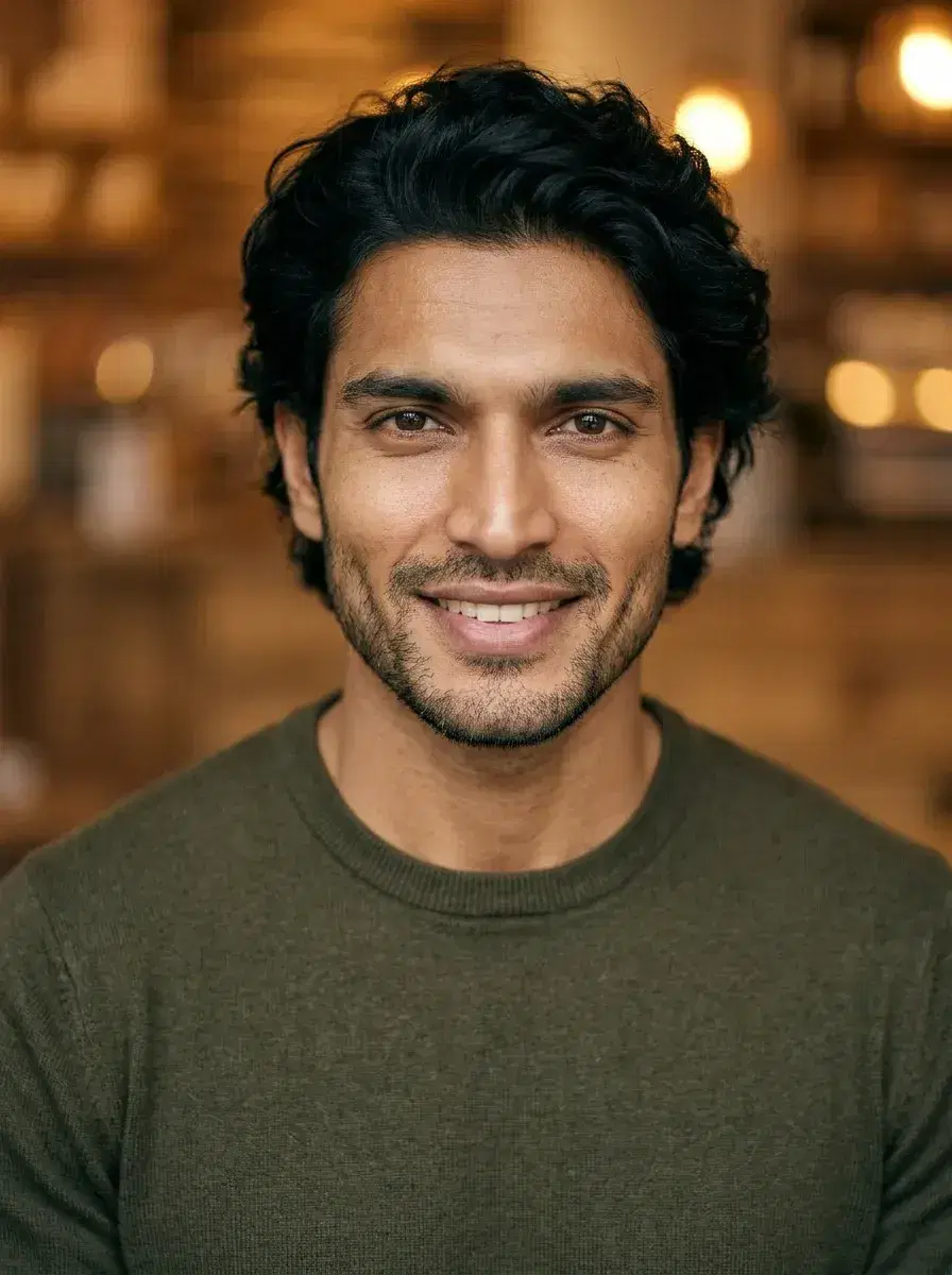AI AI Tinder Profile Photos — More Matches — Close-up portrait in warm café lighting for AI Tinder photo