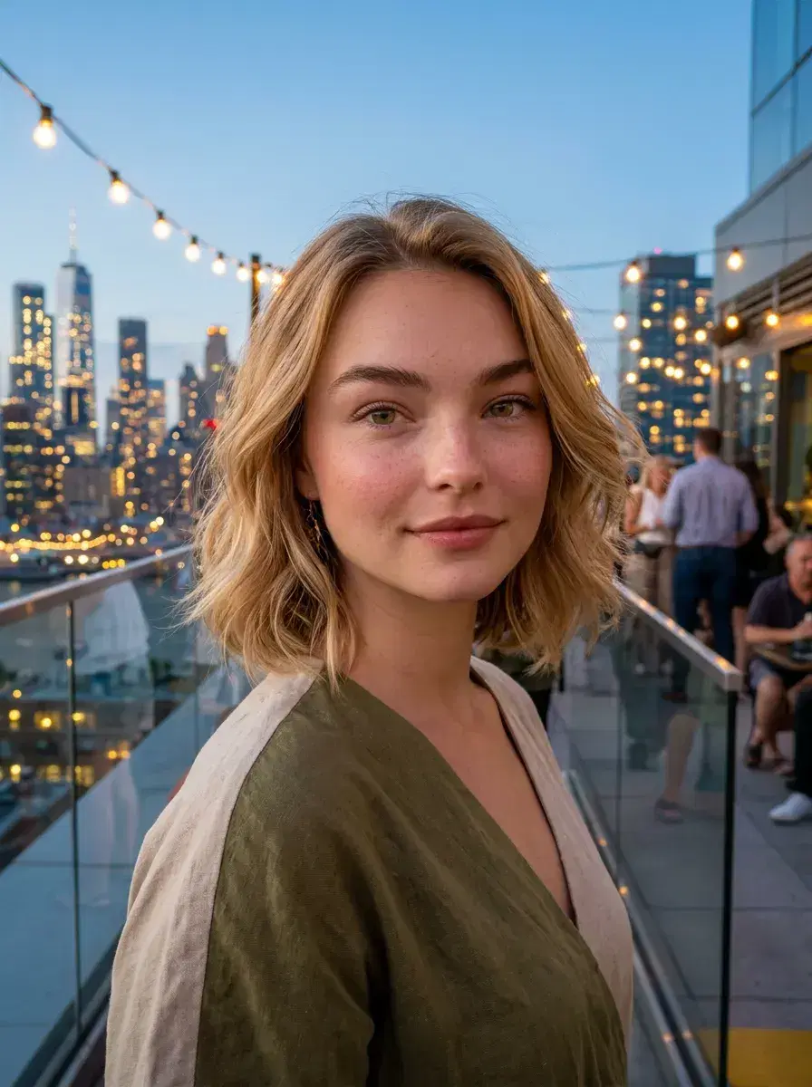 AI AI Tinder Profile Photos — More Matches — Chest-up rooftop portrait at dusk for AI Tinder profile photo