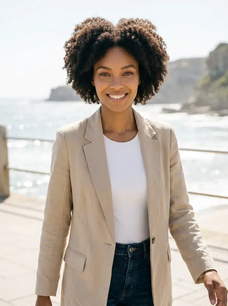 AI AI Tinder Profile Photos — More Matches — Person on coastal promenade in smart casual for AI dating profile photo