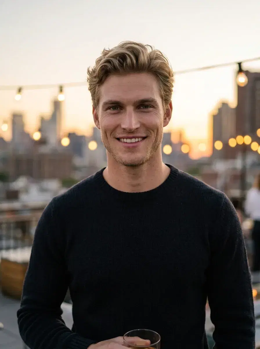 AI AI Tinder Profile Photos — More Matches — Person at rooftop bar in evening outfit for AI Tinder profile photo