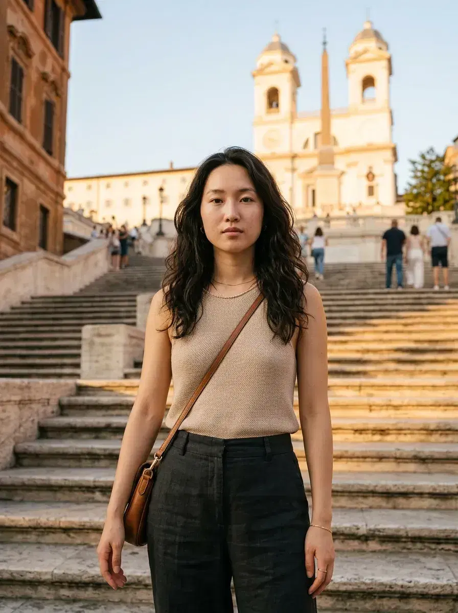 AI AI Travel Photos — Instant Wanderlust — Person posed on the Spanish Steps in Rome at golden hour with warm amber light
