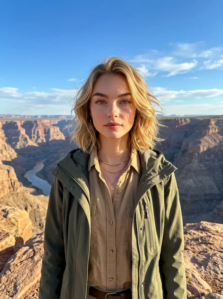 AI AI Travel Photos — Instant Wanderlust — Person waist-up at the Grand Canyon rim with vast layered canyon stretching behind