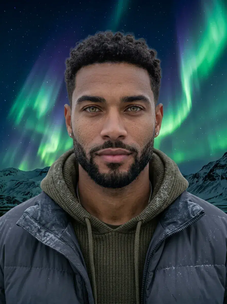 AI AI Travel Photos — Instant Wanderlust — Person in Iceland with the Aurora Borealis glowing green and violet across the sky behind them