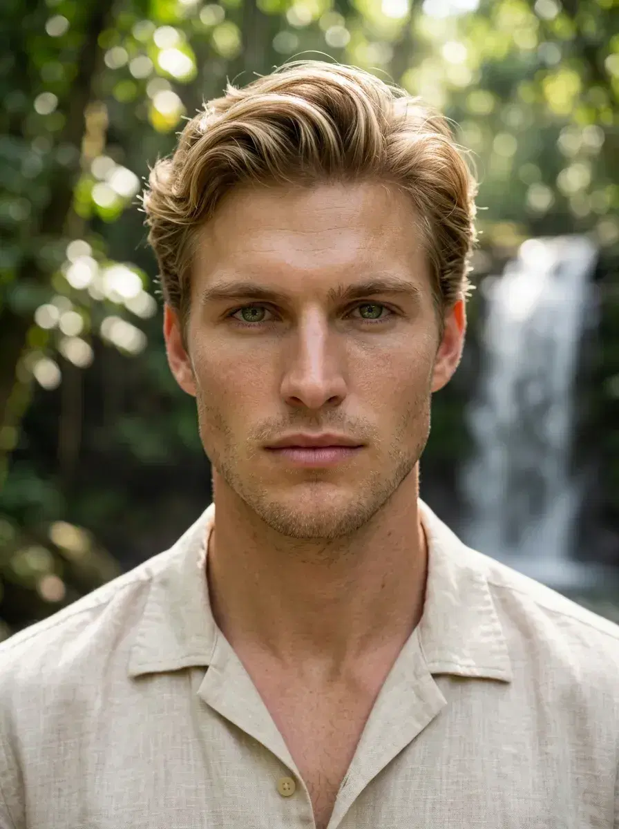 AI AI Travel Photos — Instant Wanderlust — Close-up portrait of person with a tropical waterfall softly blurred behind them