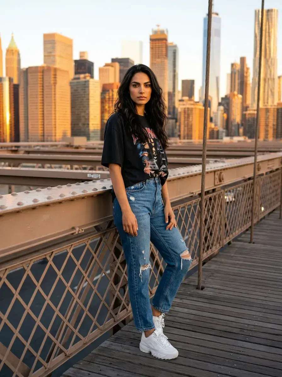 AI AI Travel Photos — Instant Wanderlust — Person on the Brooklyn Bridge at sunrise with the Manhattan skyline glowing gold behind