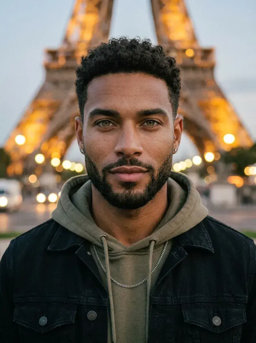AI AI Travel Photos — Instant Wanderlust — Person posing confidently in front of the Eiffel Tower at dusk