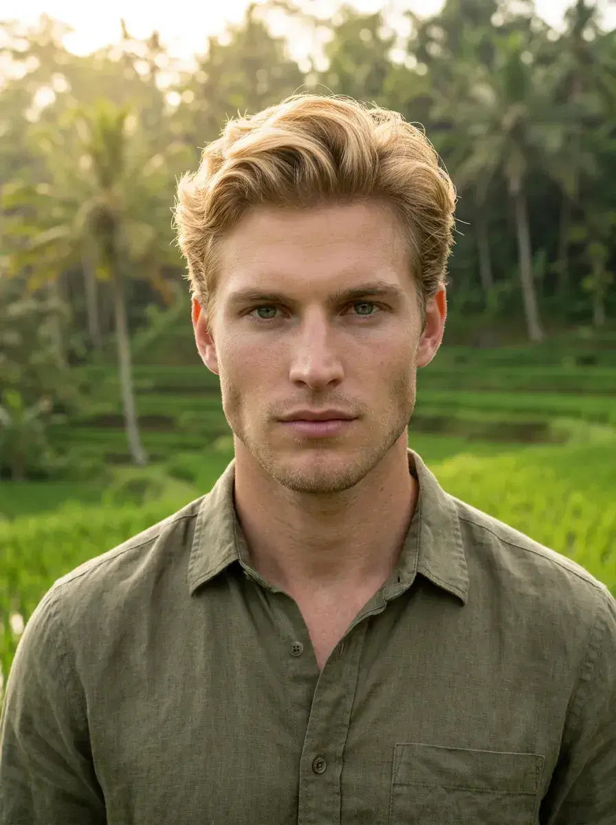 AI AI Travel Photos — Instant Wanderlust — Close-up portrait of person in Bali with vibrant green rice terraces behind