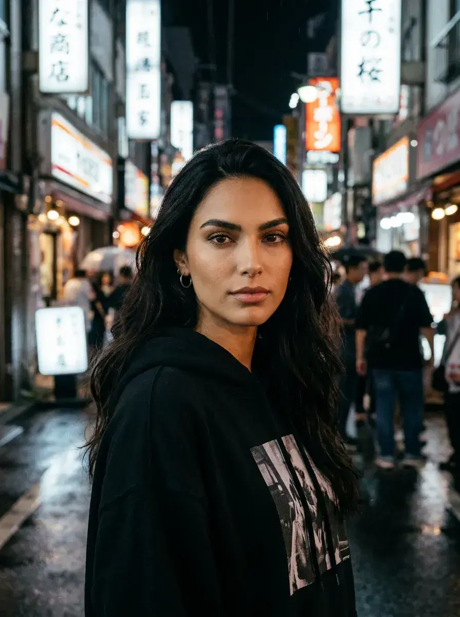 AI AI Travel Photos — Instant Wanderlust — Person chest-up in a neon Tokyo alley at night with Japanese signs glowing behind