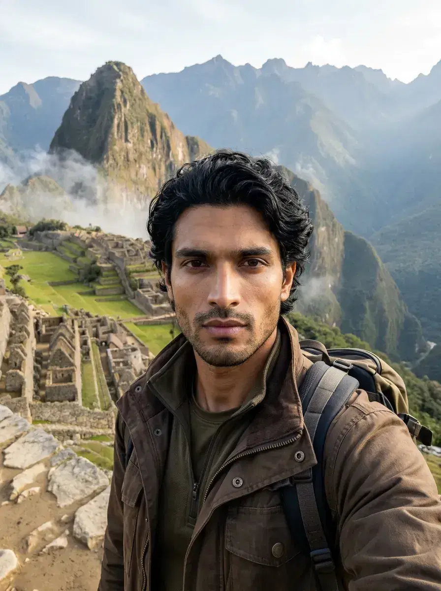 AI AI Travel Photos — Instant Wanderlust — Person at Machu Picchu with Andean mountain peaks and ruins visible in the background