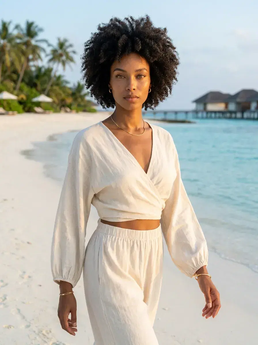 AI AI Travel Photos — Instant Wanderlust — Person on a pristine white-sand Maldives beach with turquoise ocean behind