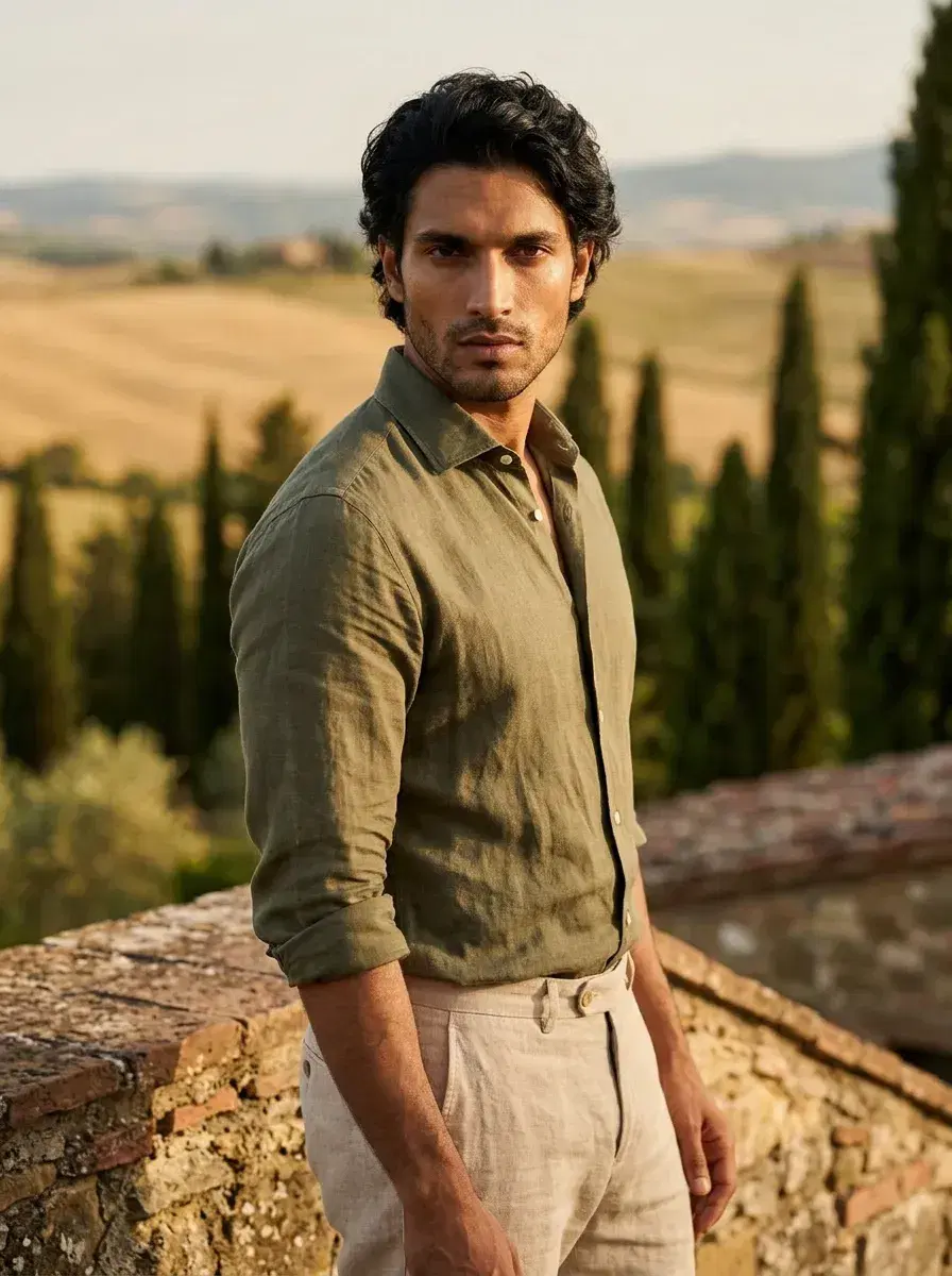 AI AI Tuscany Travel Photos — Golden Hour Vibes — Person on a Tuscan farmhouse stone terrace with valley view