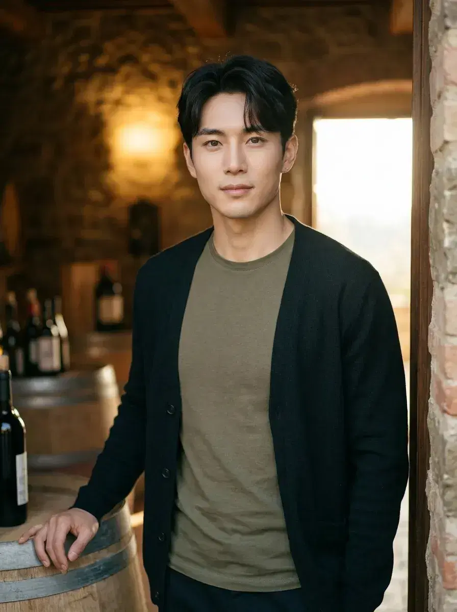 AI AI Tuscany Travel Photos — Golden Hour Vibes — Person beside a wine barrel at a Tuscan cellar doorway