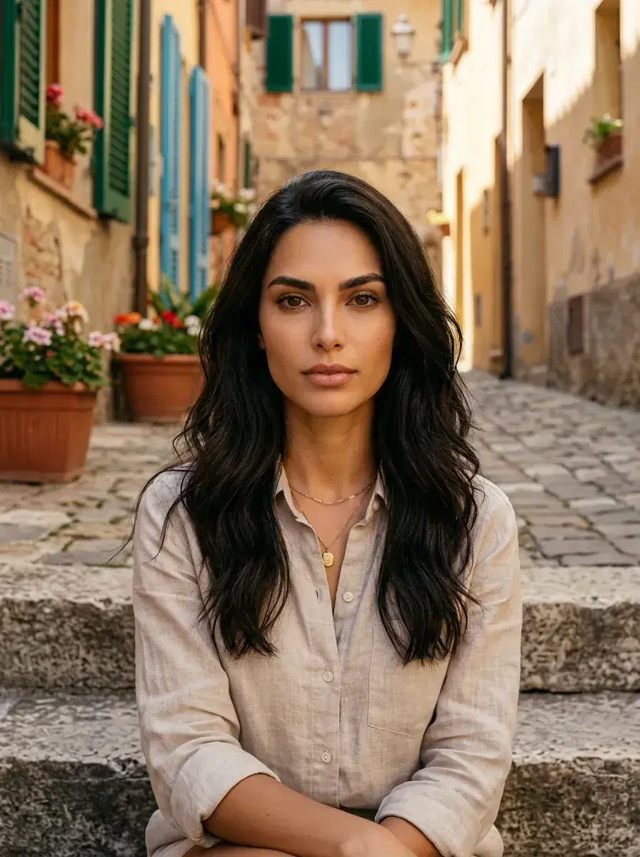 AI AI Tuscany Travel Photos — Golden Hour Vibes — Person on cobblestone alley steps in a Tuscan hilltop village