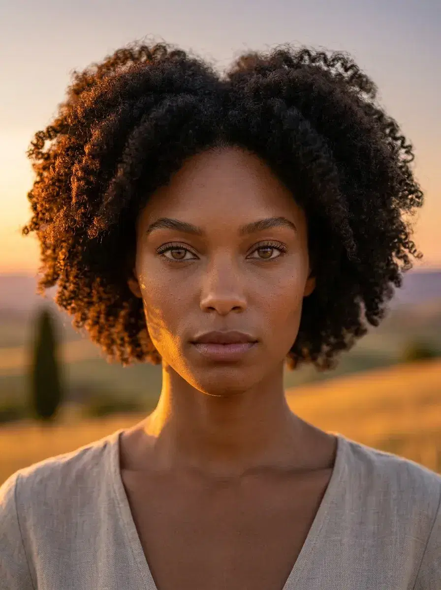 AI AI Tuscany Travel Photos — Golden Hour Vibes — Close portrait with blurred golden Tuscan hills and cypress at sunset