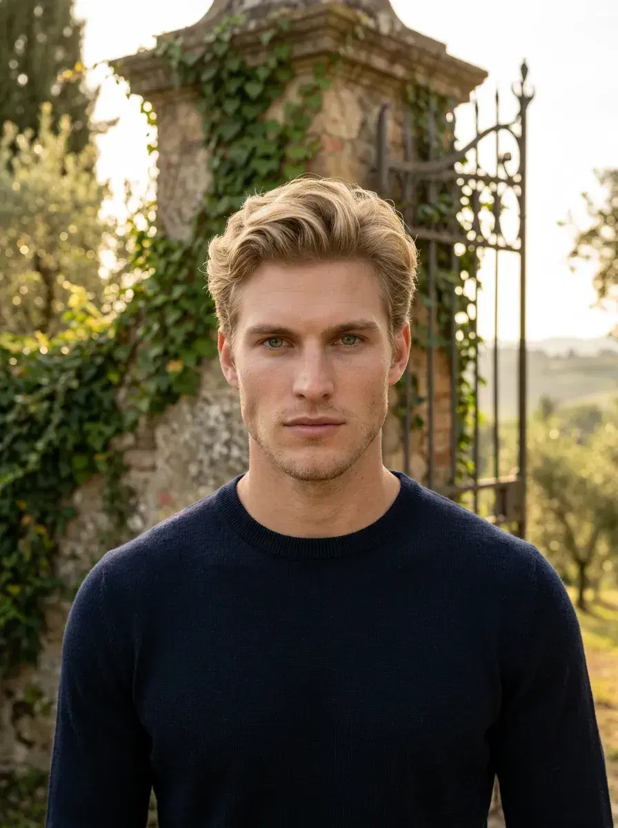 AI AI Tuscany Travel Photos — Golden Hour Vibes — Person at the gate of an ivy-covered Tuscan Renaissance villa