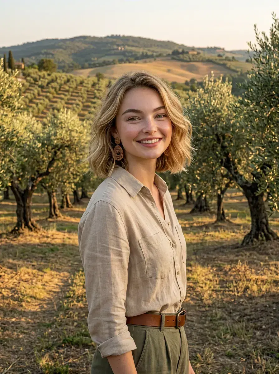 AI AI Tuscany Travel Photos — Golden Hour Vibes — Person among ancient olive trees on a terraced Tuscan grove at dusk