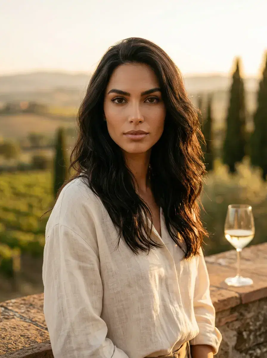 AI AI Tuscany Travel Photos — Golden Hour Vibes — Person on a Tuscan terrace at golden hour overlooking vineyard hills