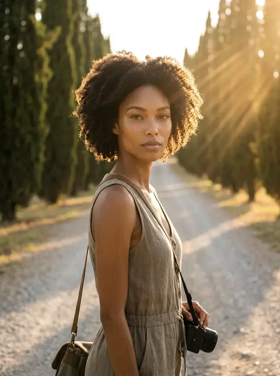 AI AI Tuscany Travel Photos — Golden Hour Vibes — Person on a classic Tuscan cypress-lined road in golden afternoon light