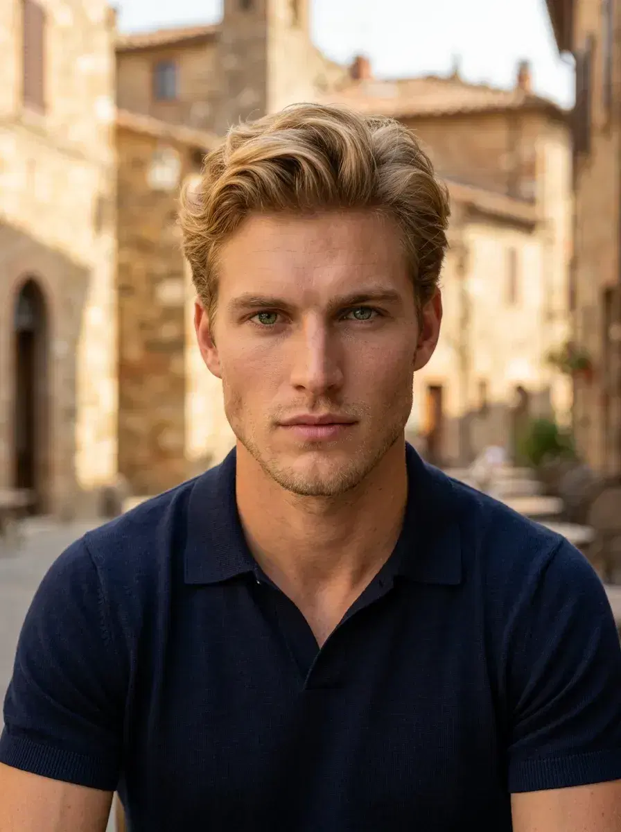 AI AI Tuscany Travel Photos — Golden Hour Vibes — Person at a Tuscan village café with stone buildings in background