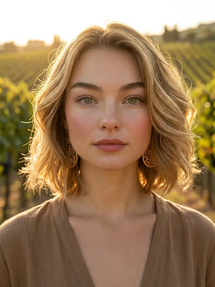 AI AI Tuscany Travel Photos — Golden Hour Vibes — Close portrait of person in front of a Tuscan vineyard at harvest
