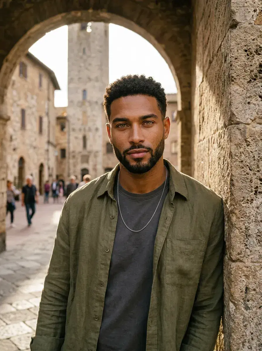 AI AI Tuscany Travel Photos — Golden Hour Vibes — Person in a medieval Tuscan town square archway with cobblestone setting
