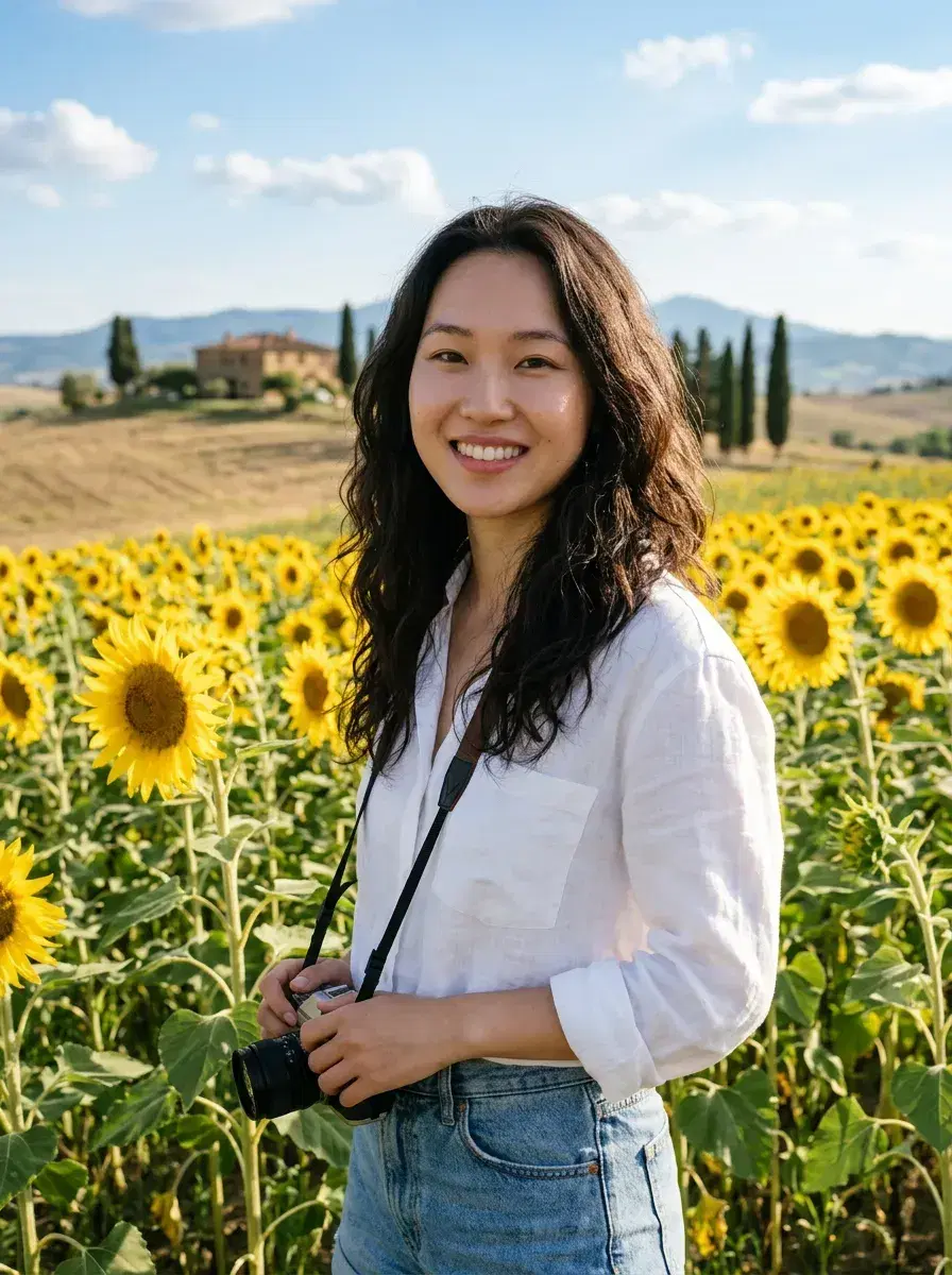 AI AI Tuscany Travel Photos — Golden Hour Vibes — Person standing in a Tuscan sunflower field under blue summer sky