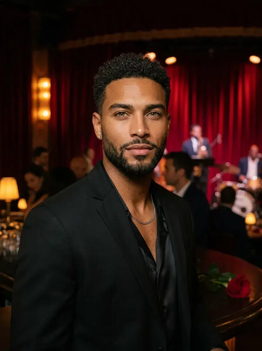 AI AI Valentine's Day Photos — Romantic Portraits — Person in a velvet jazz bar with moody red and amber Valentine's Day lighting