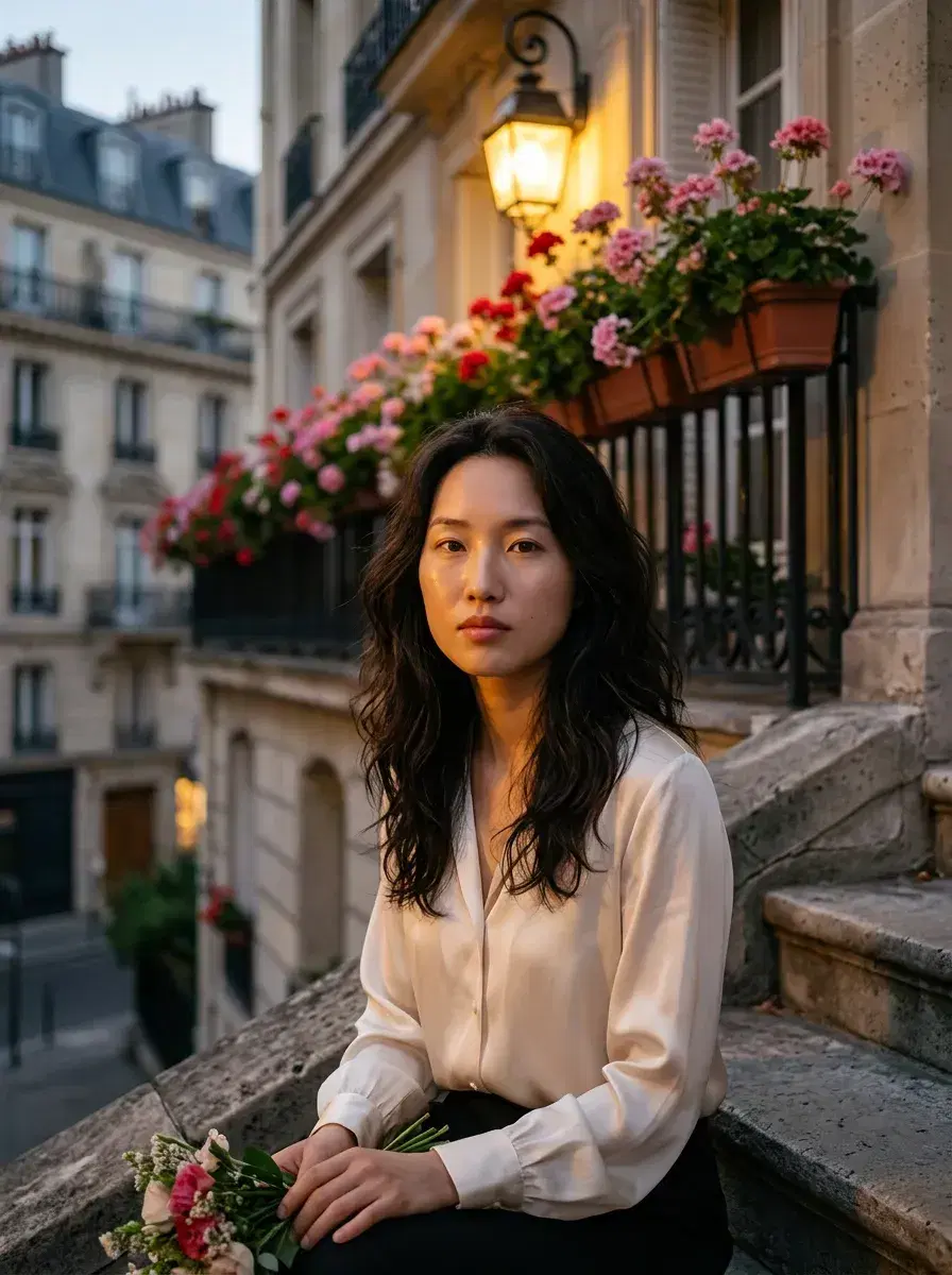 AI AI Valentine's Day Photos — Romantic Portraits — Person on Paris apartment steps at twilight with flower boxes for a Valentine's Day portrait