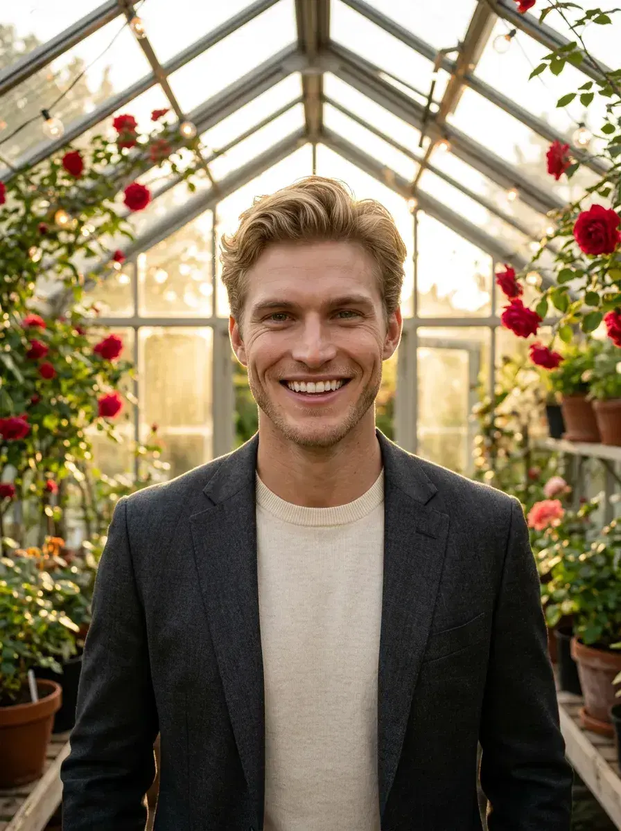 AI AI Valentine's Day Photos — Romantic Portraits — Person in a rose greenhouse with fairy lights for a Valentine's Day portrait